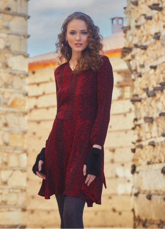 V Neck Sash Tie Midi Flared Red Dress