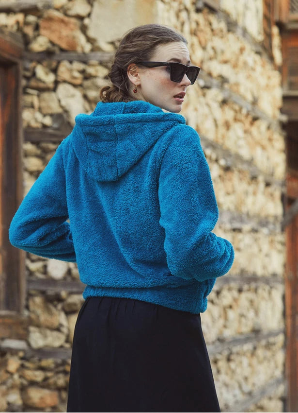 Kangaroo Pockets Hooded Blue Plush Pullover
