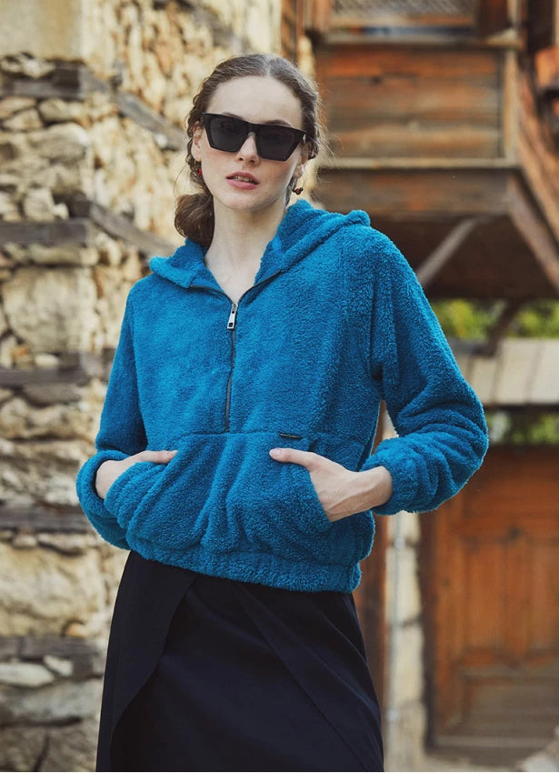Kangaroo Pockets Hooded Blue Plush Pullover