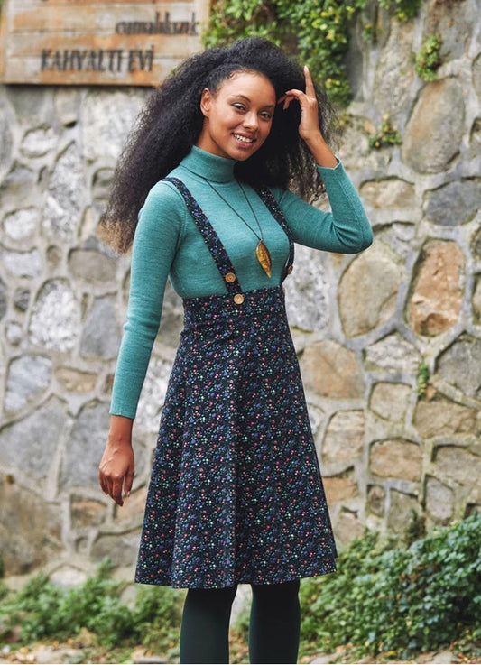 Floral Print Cotton Suspender Strap Dress - Navy Blue