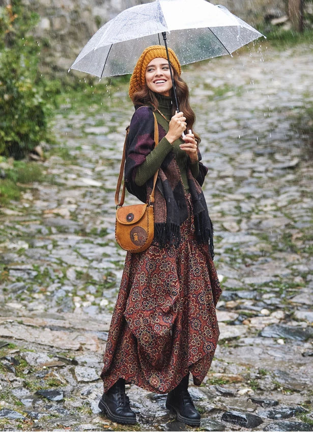 Retro Print Oversized Pocket Long Boho Skirt