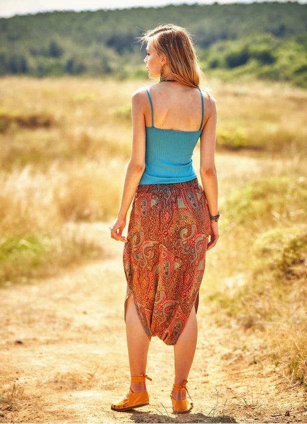 Ethnic Print Low Elastic Waist Brown Skirt Pants