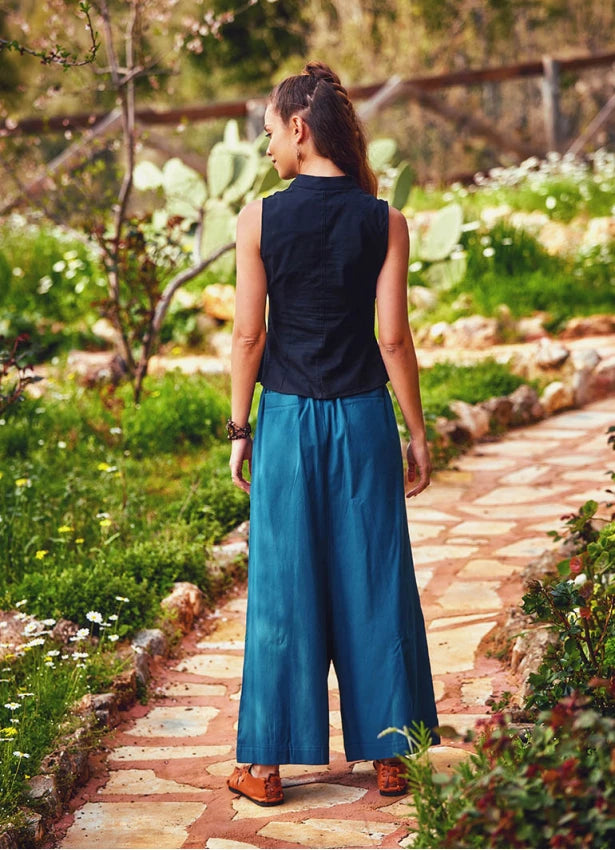 Elastic Waistband Side Pockets Petrol Culottes