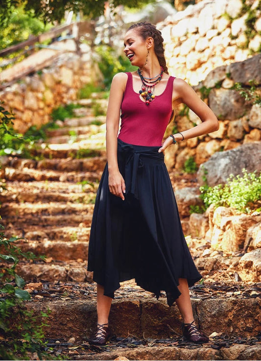 Tie Waist Asymmetrical Hem Detailed Boho Chic Flowy Midi Skirt