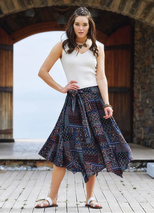 Black Printed Asymmetrical Hem Flowy Midi Skirt