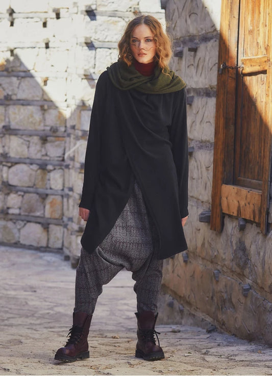 Thumb Hole Detailed Bohemian Style Hooded Long Black Cardigan