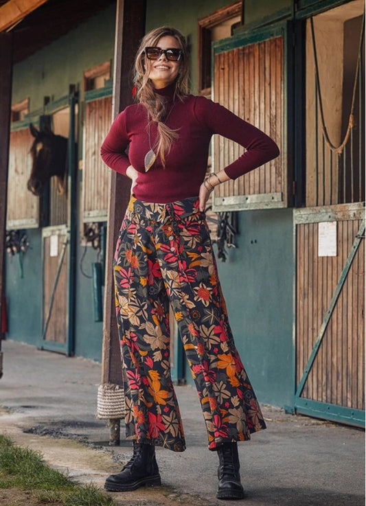 Tie Waist Black Floral Print Boho Wide Leg Pants
