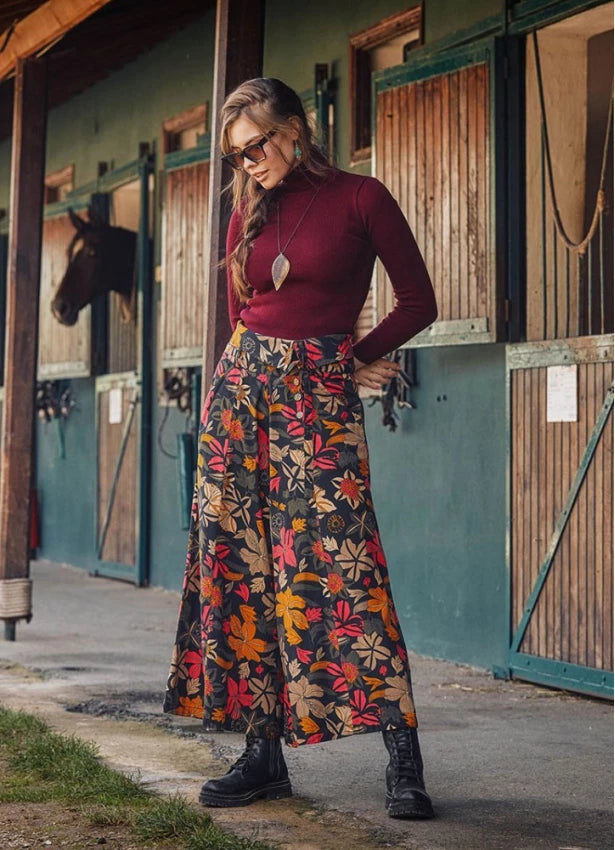 Tie Waist Black Floral Print Boho Wide Leg Pants