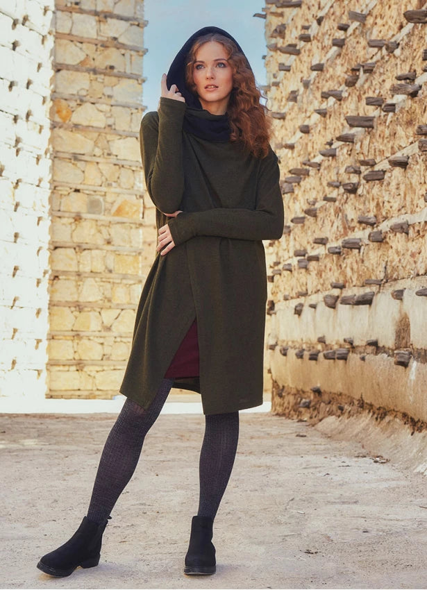 Thumb Hole Detailed Bohemian Style Hooded Long Black Cardigan
