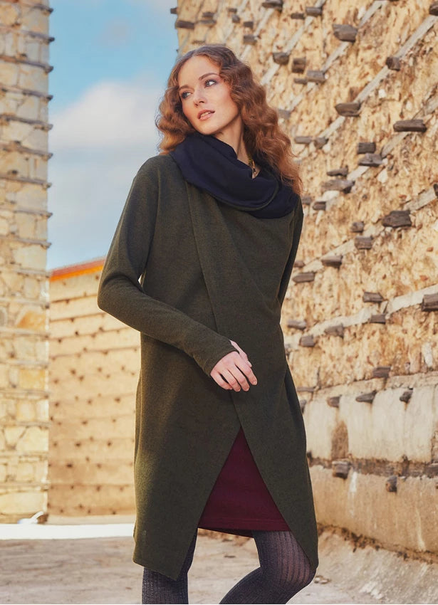 Thumb Hole Detail Bohemian Style Hooded Long Khaki Cardigan
