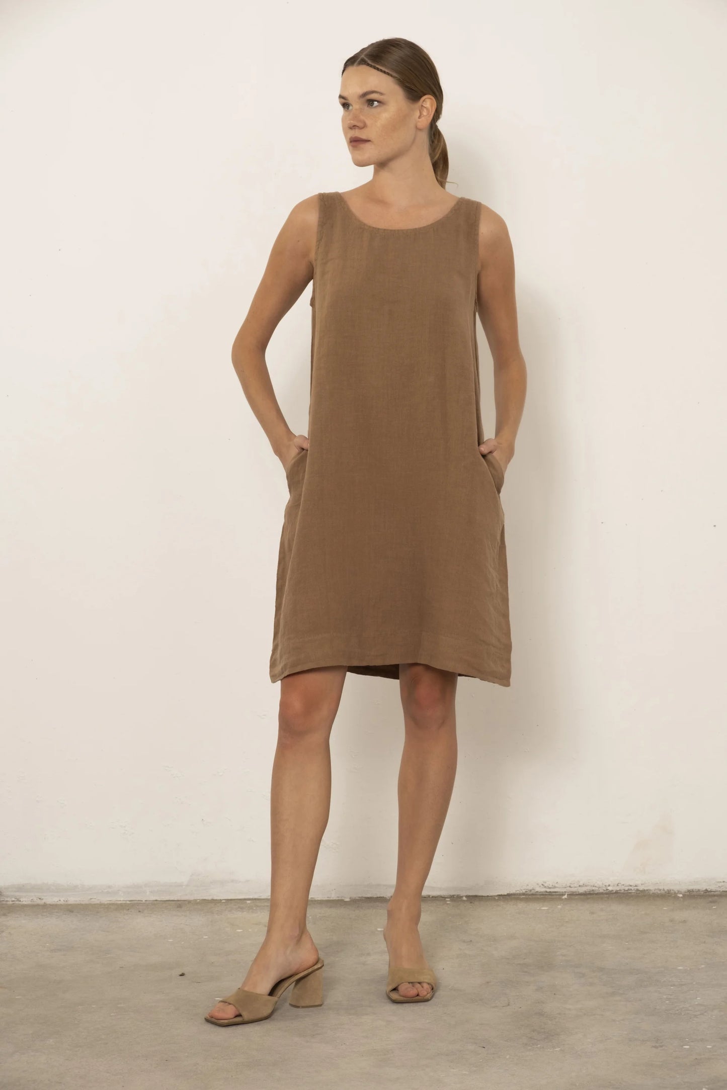 Linen Sleeveless Dress Mocha Brown