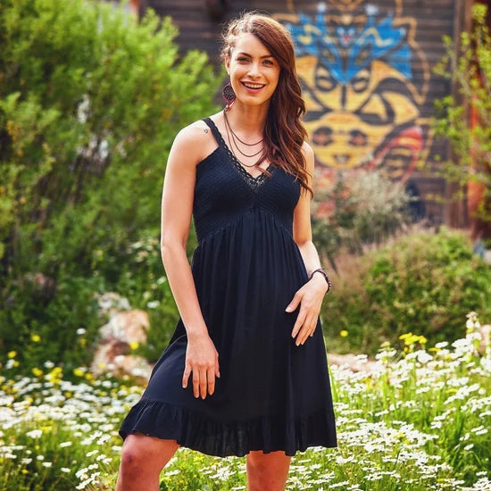 Laced V Neck Shirred Hem Dress