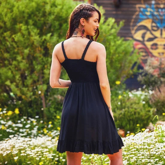 Laced V Neck Shirred Hem Dress