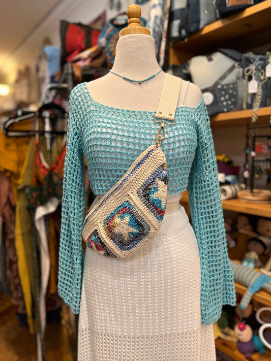Hand Crochet Crossbody Adjustable Bag Blue Star