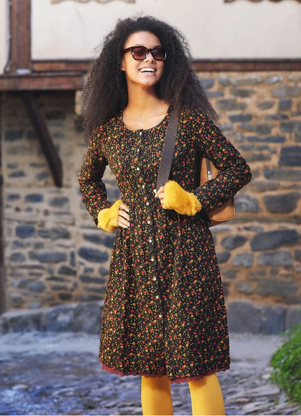 Lace Hem Long Sleeve Floral Black Shirt Dress