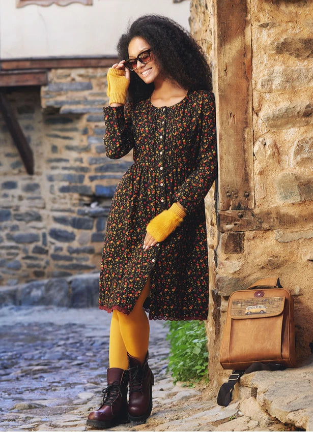 Lace Hem Long Sleeve Floral Black Shirt Dress