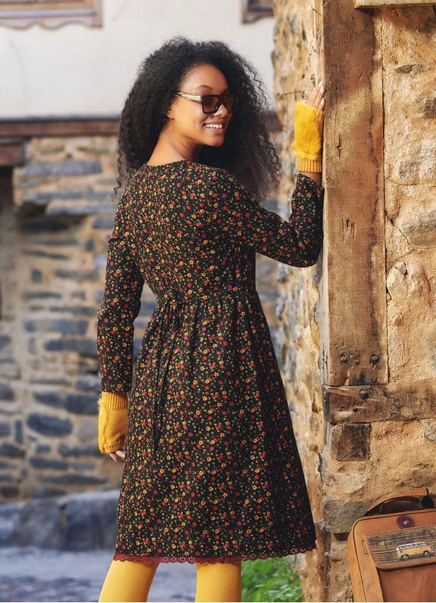 Lace Hem Long Sleeve Floral Black Shirt Dress