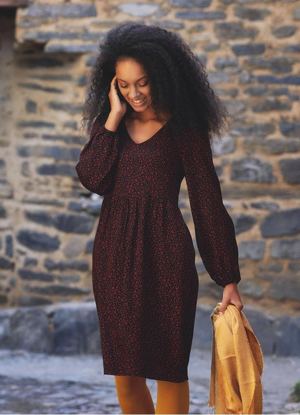 V Neckline Boho Style Long Sleeve  Black Red Short Dress