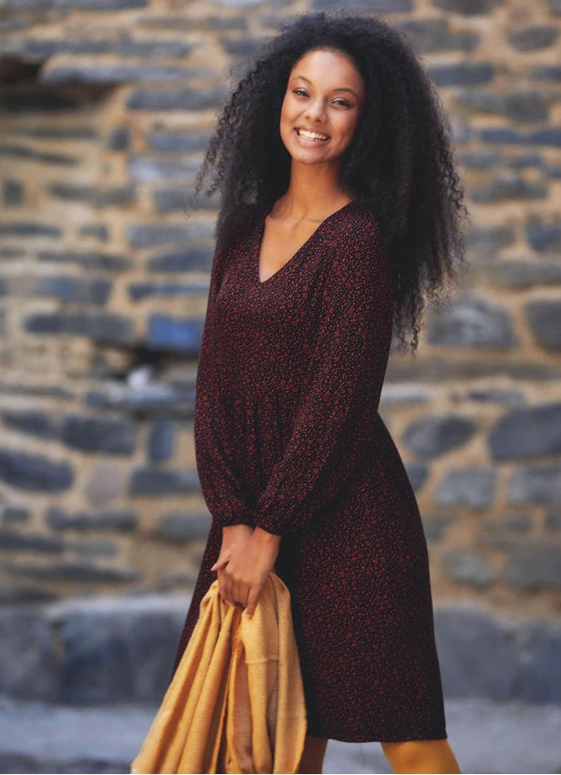 V Neckline Boho Style Long Sleeve  Black Red Short Dress