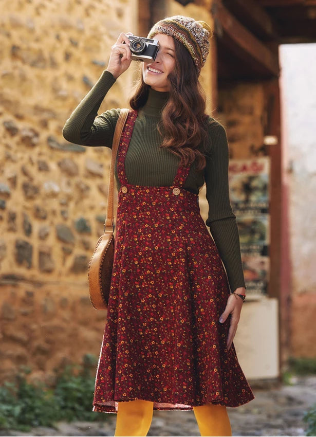 Boho Style Suspender Strap Winter Dress Red Floral