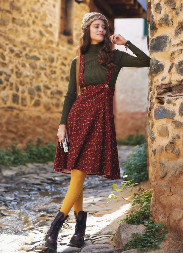 Boho Style Suspender Strap Winter Dress Red Floral