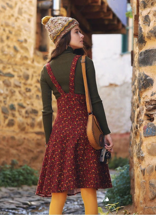 Boho Style Suspender Strap Winter Dress Red Floral