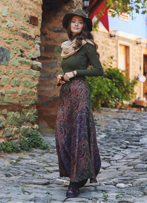 Green Patterned Patchwork Long Skirt