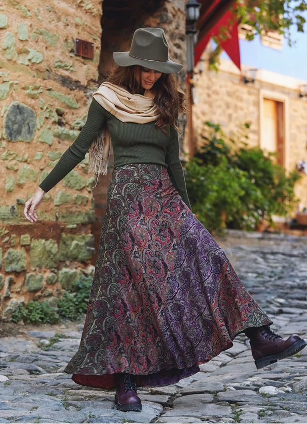 Green Patterned Patchwork Long Skirt