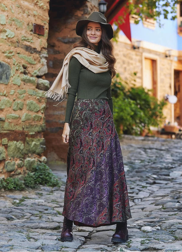 Green Patterned Patchwork Long Skirt
