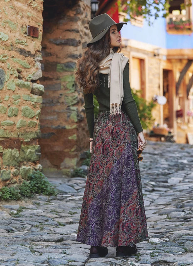 Green Patterned Patchwork Long Skirt
