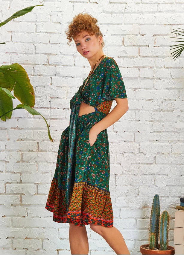 Border Hem Detail Tie Front Green Floral Summer Dress