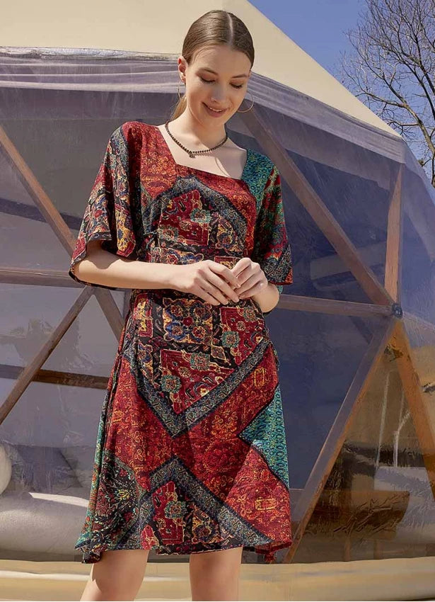Square Neck Bohostyle Midi Dress - Black Printed