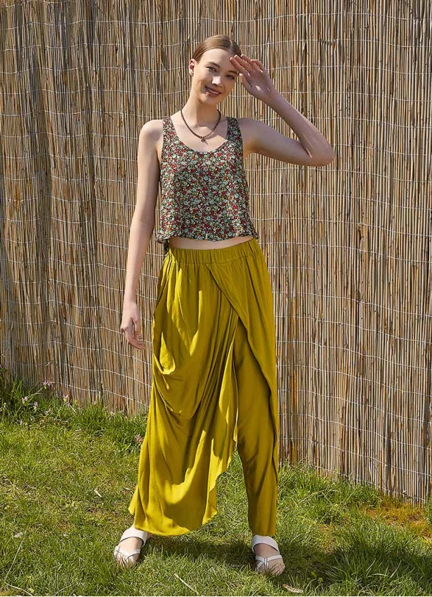 Front Detail Elastic Waist Loose Pants - Green