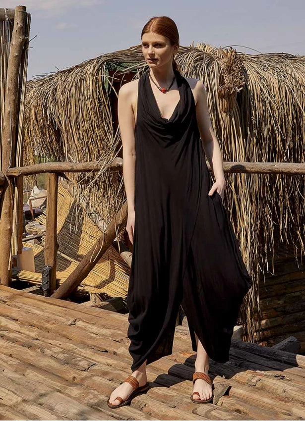 Bohemian Stylish Degaje Neck Sleeveless Dress Black