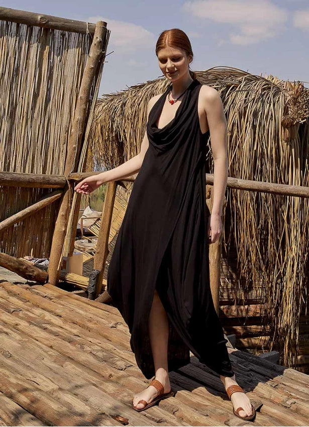 Bohemian Stylish Degaje Neck Sleeveless Dress Black