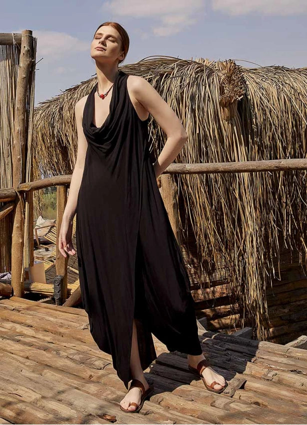 Bohemian Stylish Degaje Neck Sleeveless Dress Black