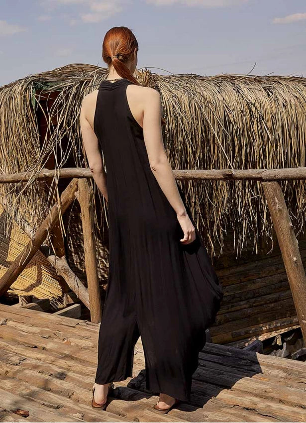 Bohemian Stylish Degaje Neck Sleeveless Dress Black