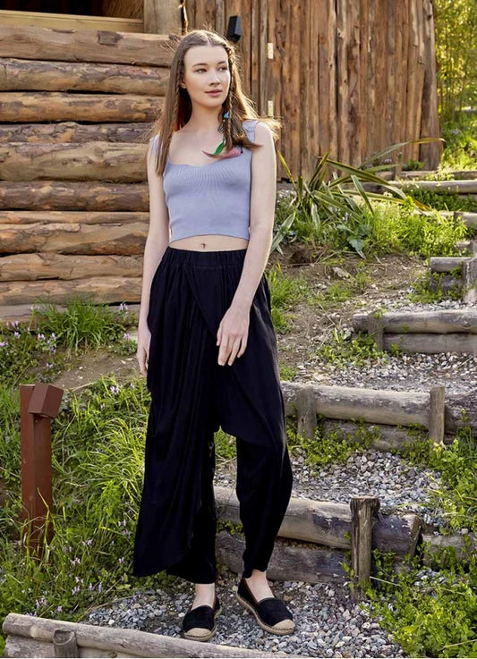 Wrap Front Loose Fit Boho Pants Black