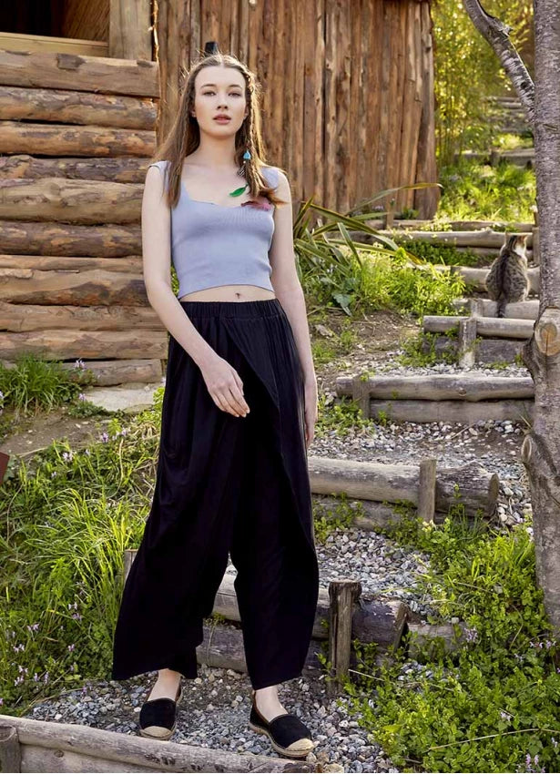 Wrap Front Loose Fit Boho Pants Black