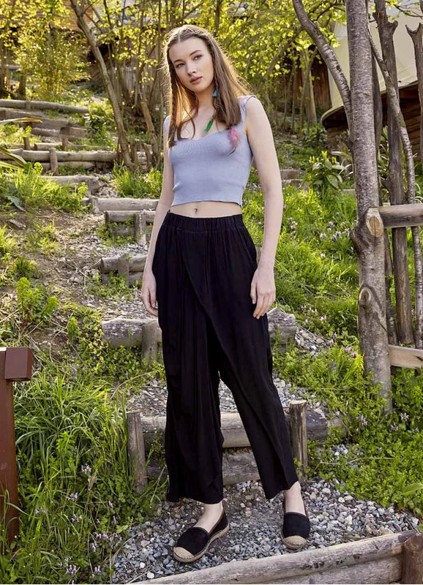 Wrap Front Loose Fit Boho Pants Black