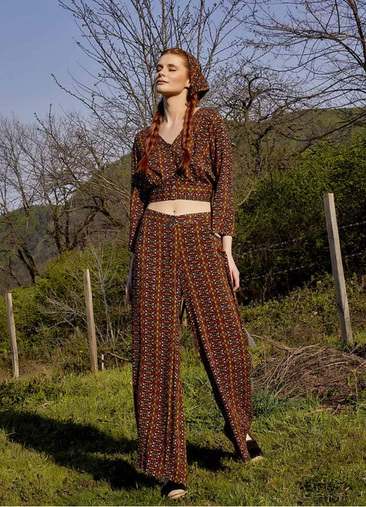 High Rise Wide Leg Mustard Rug pattern Palazzo Pants