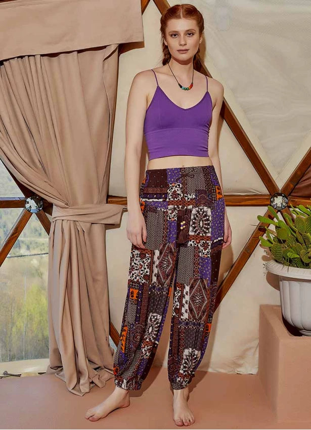 Drawstring Purple Pattern Pants