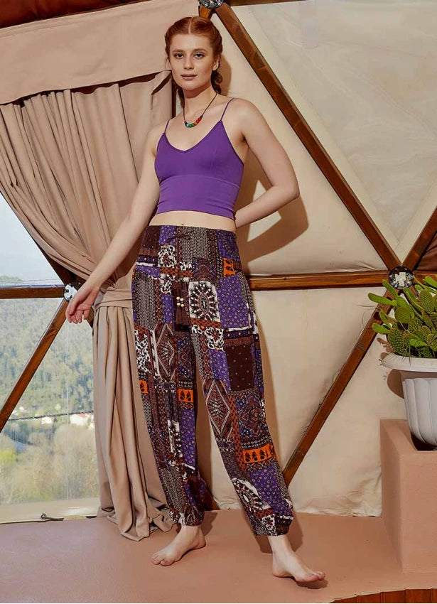 Drawstring Purple Pattern Pants