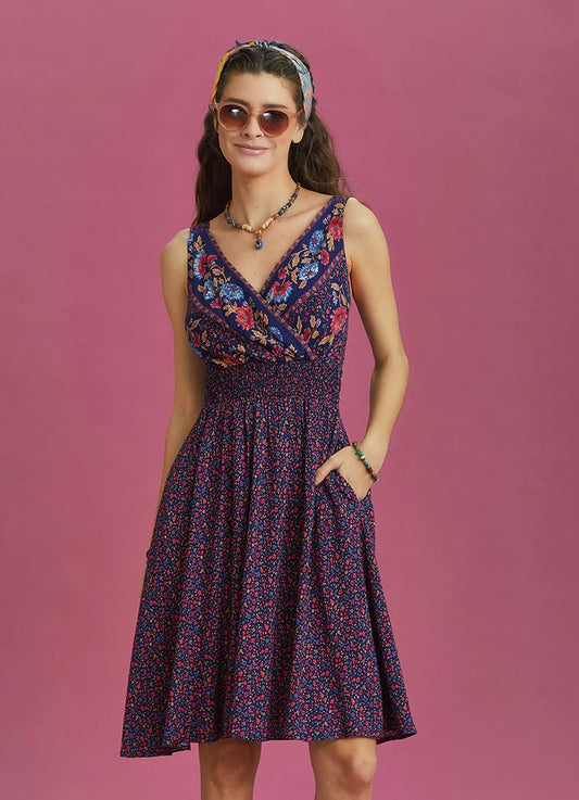 Floral Patterned Bohemian Style Double Breasted V-Neck Dress