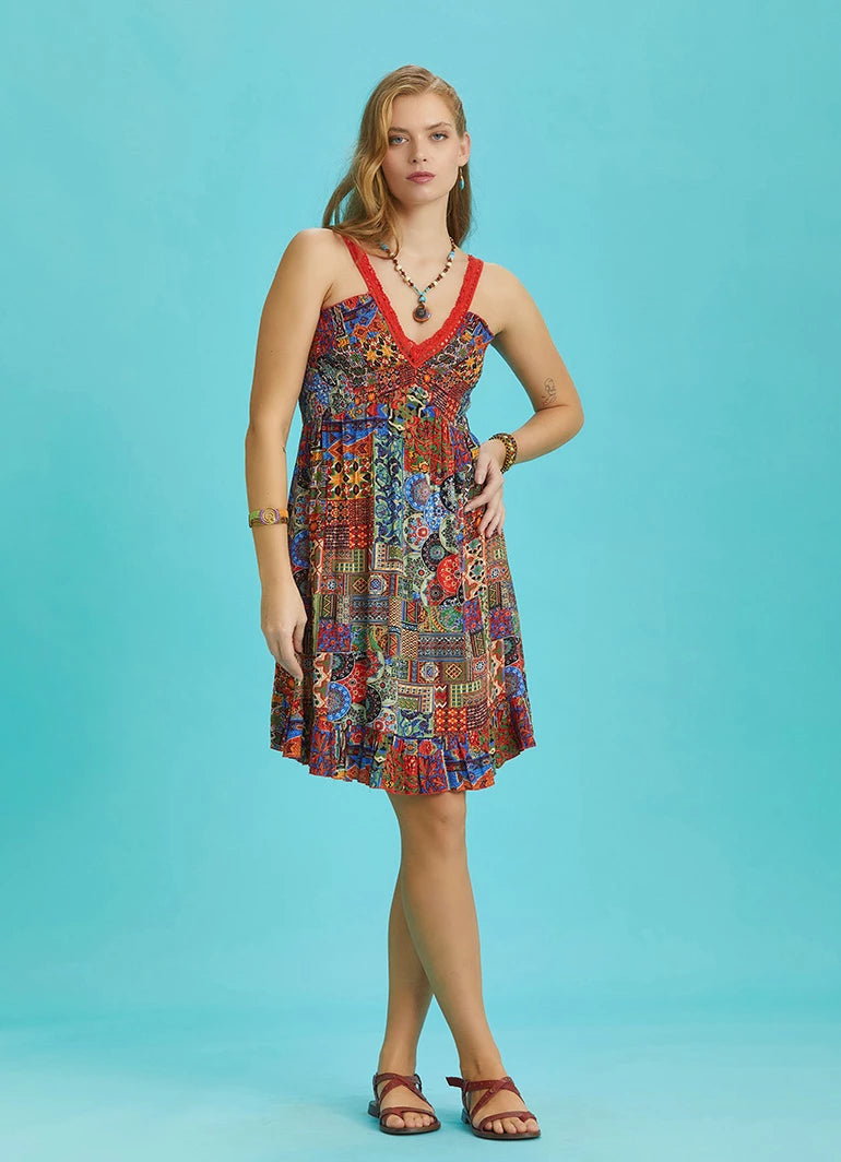 Orange Patterned Summer Dress with Lace Collar Straps
