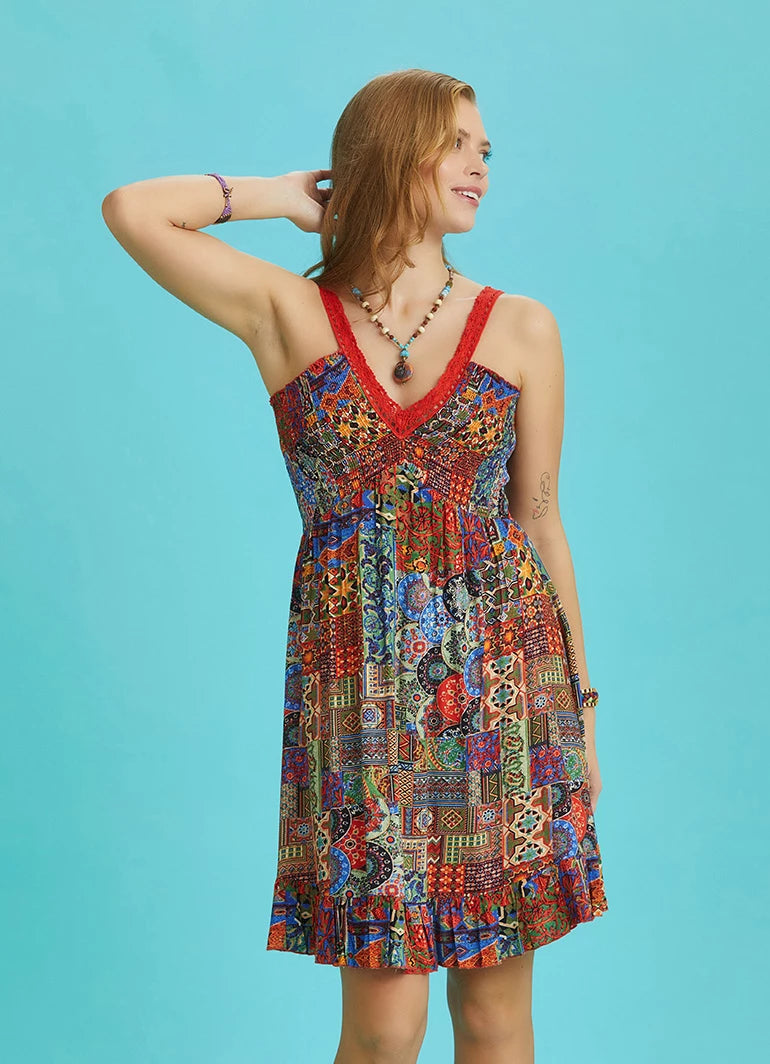 Orange Patterned Summer Dress with Lace Collar Straps