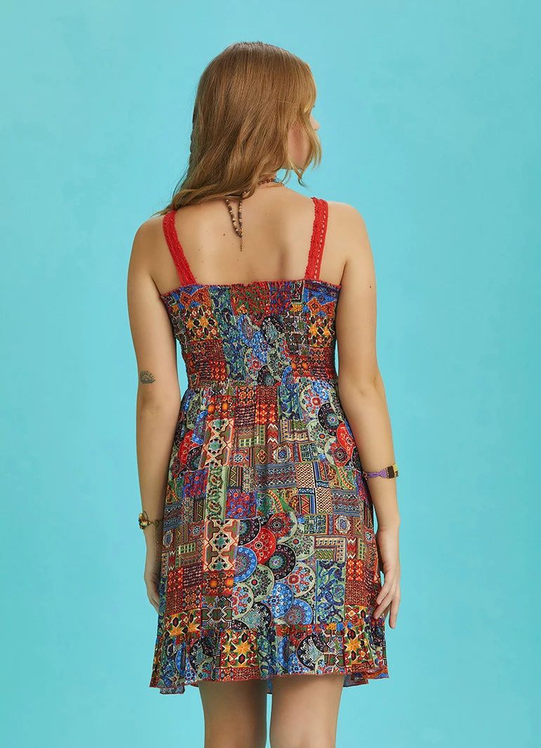 Orange Patterned Summer Dress with Lace Collar Straps
