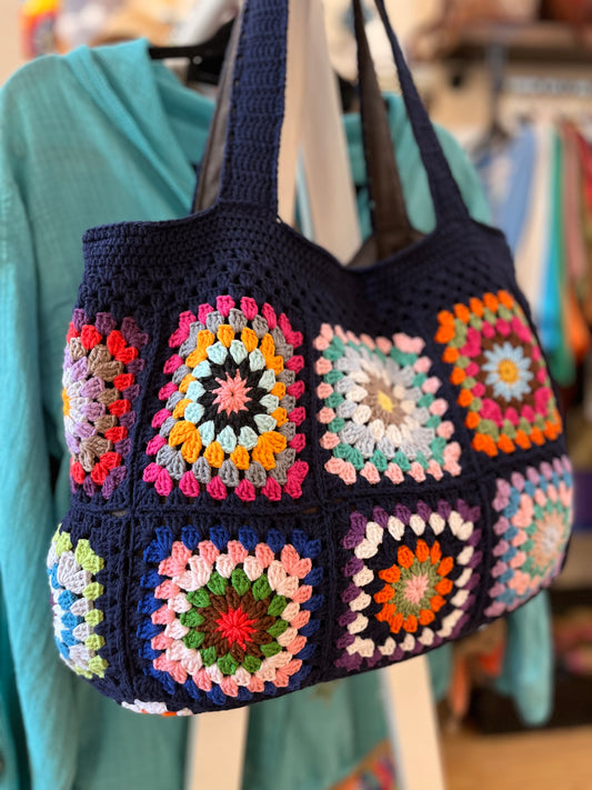 Hand Crochet Tote Bag Granny Bag Navy Blue