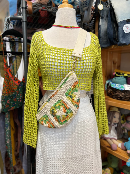 Hand Crochet Crossbody Adjustable Bag Green Star
