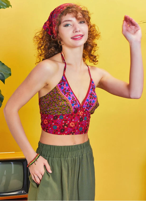 Backless Halter Neck Multi Color Cropped Blouse Red